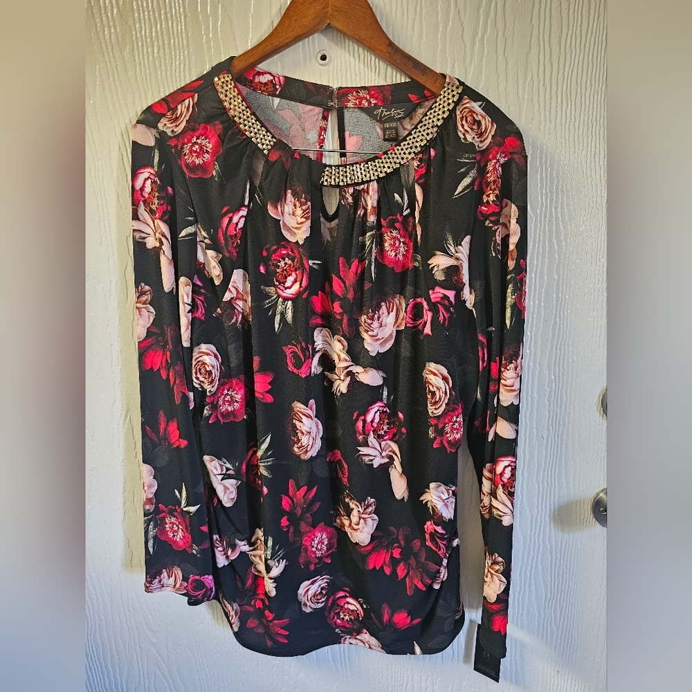 Floral Black Blouse Gold Accents